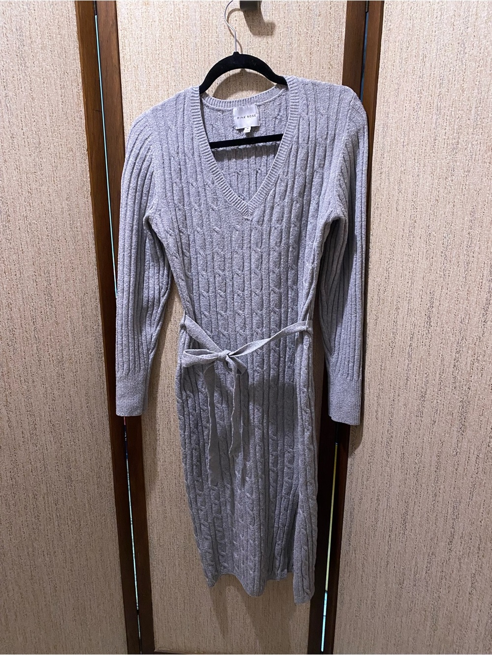 Pink Rose Light Gray Cable Knit V-Neck Sweater Dress with Belt